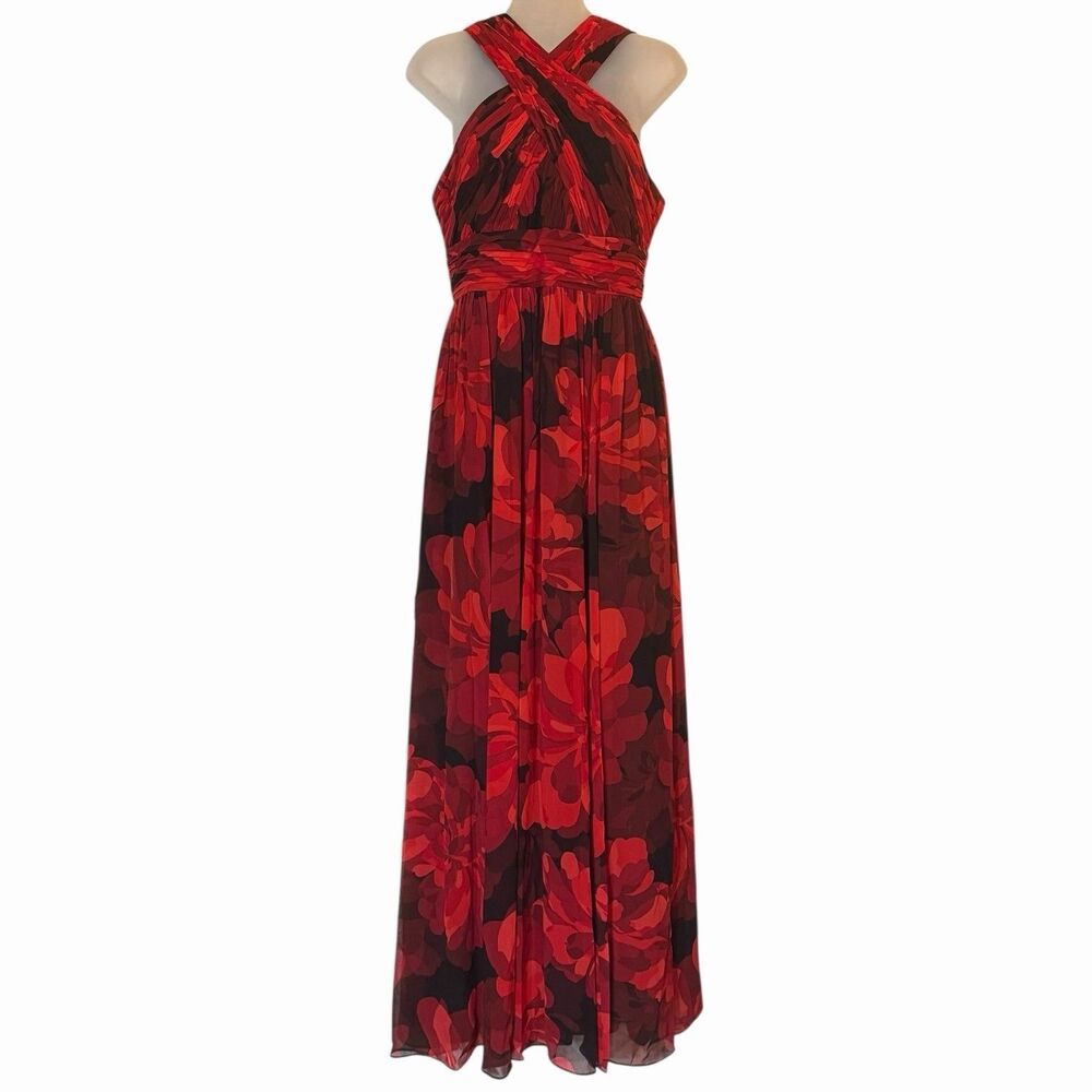 Wedding Guest Dress Calvin Klein Floral Halter Maxi Chiffon Size 4 Red Black